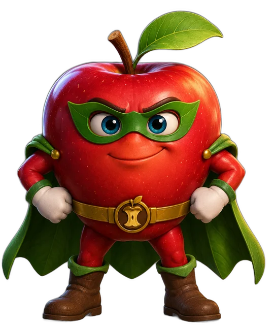 Apple Avenger, leader of the Fruit Forms, standing with fists on hips