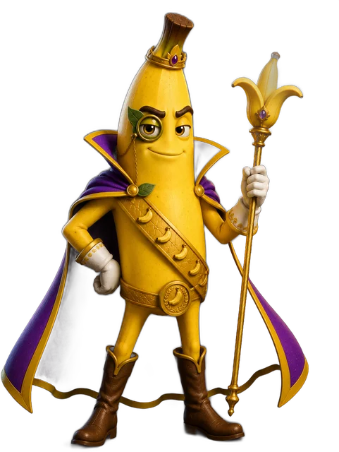 Banana Baron — a regal banana hero with a purple cape, crown, and scepter