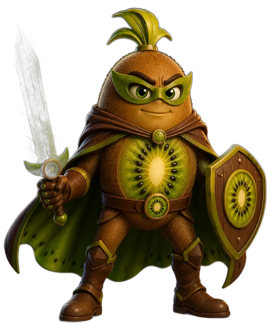 Kiwi Crusader — a kiwi knight with a glowing kiwi sword and shield